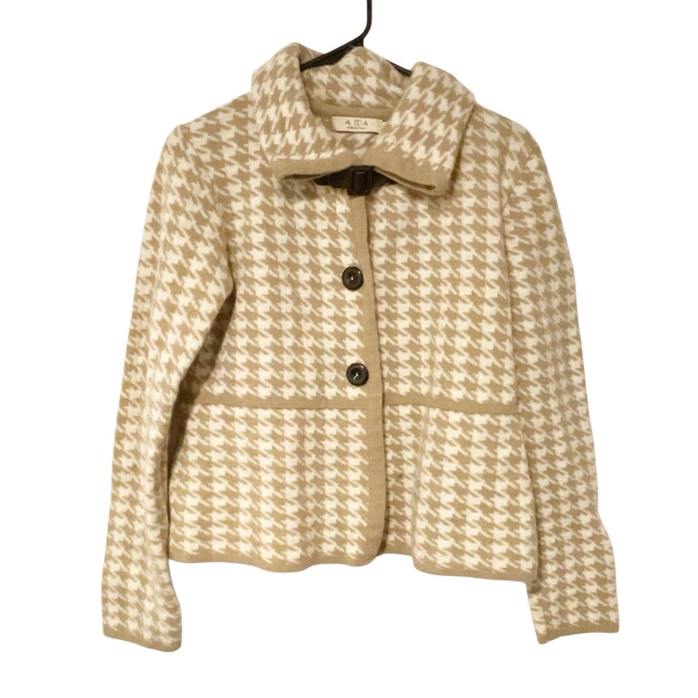 A IDA Wool Sweater Cardigan Houndstooth Tan‎ Ivory Made Italy Size Large